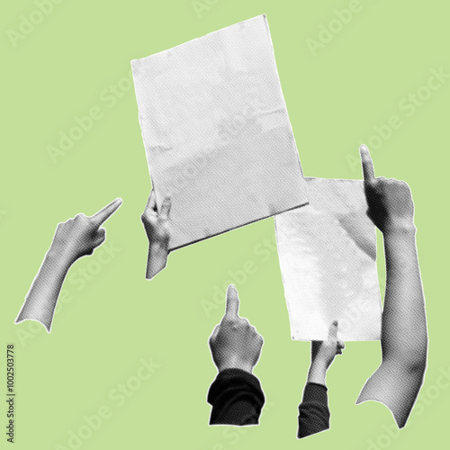 close up of group hand pointing with holding blank white empty paper note pixelate grayscale color halftone dotted texture style collage element isolated on green background. protest concept.