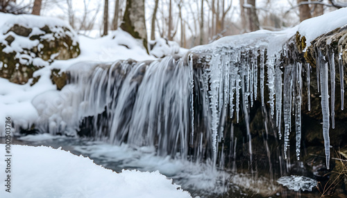 Tranquil Winter Waterfall with Icicles Surrounded by Snowy Landscape. Concept of Winter Serenity, Frozen Nature, Cold Beauty