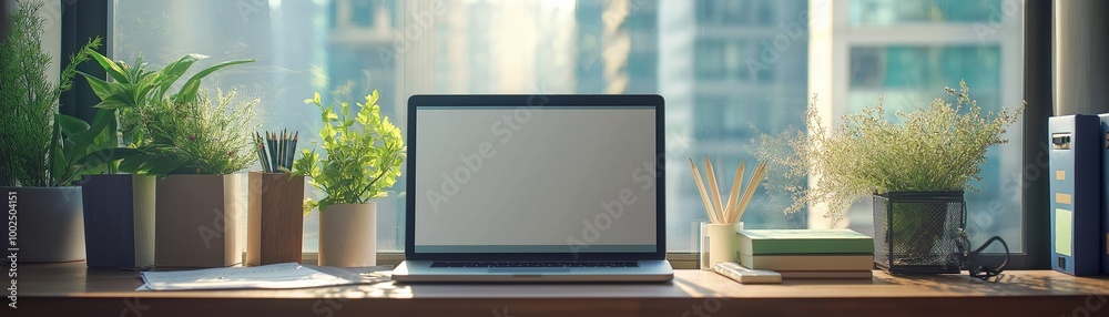 Fototapeta premium A modern workspace featuring a laptop with a blank screen, various office supplies, potted plants, and books.