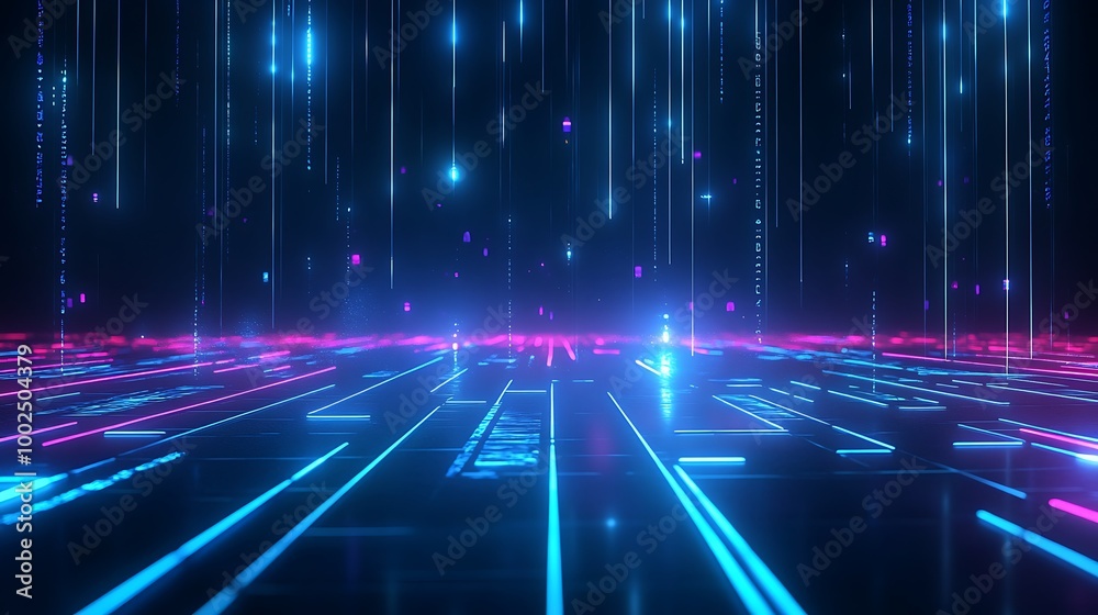 Futuristic digital landscape with glowing neon lines and particles on a dark background. Futuristic digital landscape with glowing neon lines and particles on a dark background.