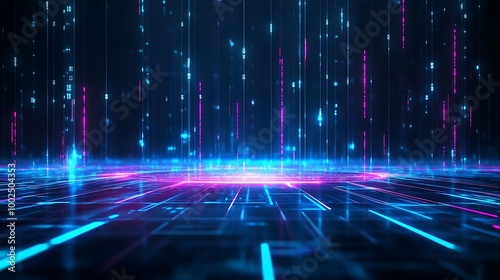 Futuristic digital landscape with glowing neon lines and particles on a dark background, ideal for tech and sci-fi themes.