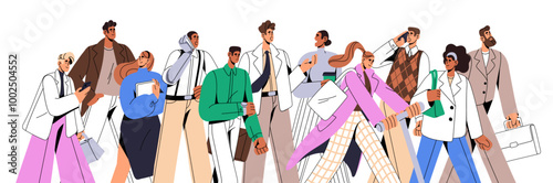 Diverse business people go together banner. Crowd, different men and women communicate during walk. Employees team, colleagues, office workers. Flat isolated illustration on white background
