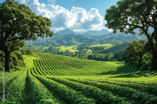 Serene Green Fields with Distant Mountains Under a Blue Sky and Puffy Clouds