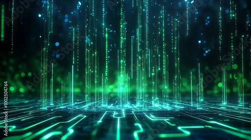 Futuristic digital landscape with green glowing data streams and circuit patterns on a dark background.