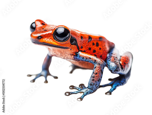 a red and blue frog with black dots photo