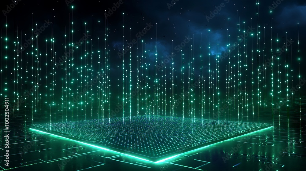 Futuristic digital landscape with green glowing particles and a high-tech grid base, suitable for tech-related designs. Futuristic digital landscape with green glowing particles and a high-tech grid base, suitable for tech-related designs.