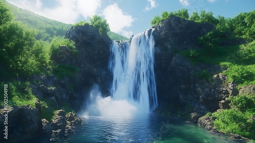 A 4k render of a majestic waterfall cascading down a steep, rocky cliff, with water flowing powerfully into a crystal-clear pool below. The surrounding landscape features lush greenery and mist 