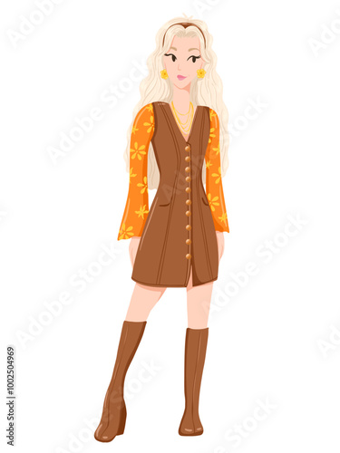 Stylish blonde woman with long hair in vintage 60s fashion. Confident retro female character. 1960s fashion teenager girl vector illustration. Hippie girl wears colourful clothes
