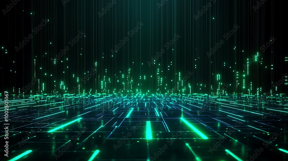 Futuristic digital landscape with neon green lines and particles against a dark background. Futuristic digital landscape with neon green lines and particles against a dark background.