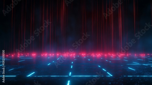 Futuristic digital landscape with neon blue and red lights creating a cybernetic atmosphere.