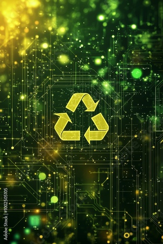 Golden Recycle Sign, Circuit Board E-Waste, Technology Recycling, Environmental Sustainability photo