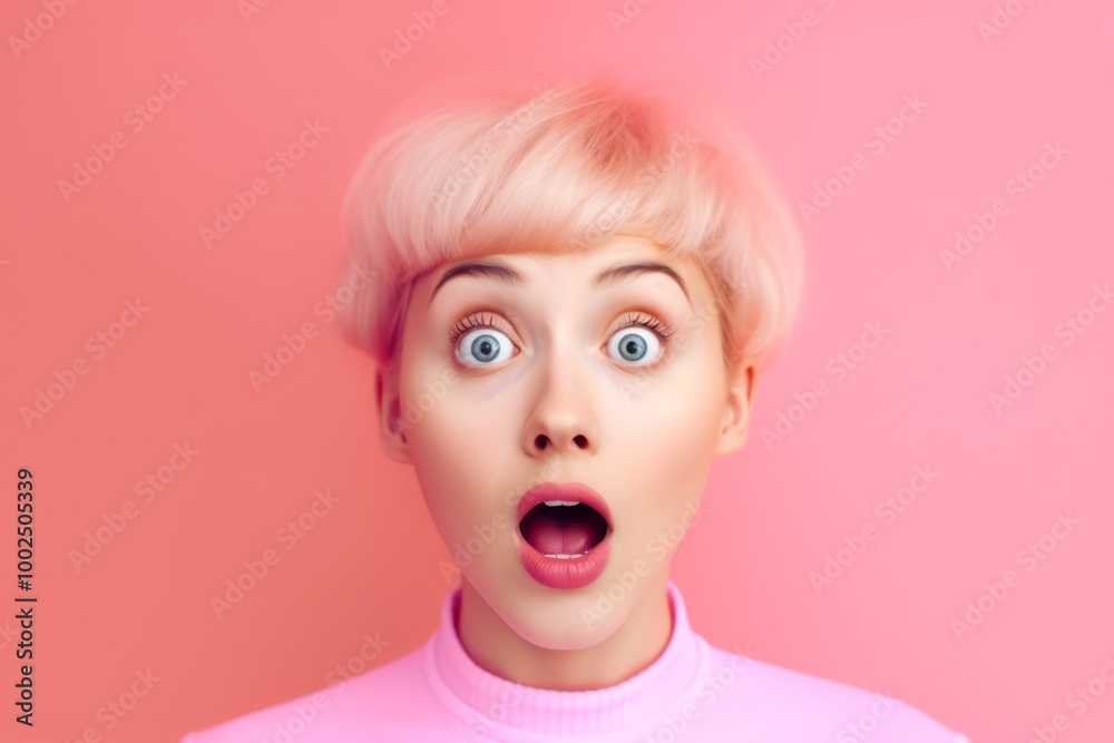 Photo of excited crazy young girl staring camera disbelief concept wear fancy pink dress isolated pink color background. Short pink hairs. Surprised girl. Big eyes. Photo of excited crazy young girl staring camera disbelief concept wear fancy pink dress isolated pink color background. Short pink hairs. Surprised girl. Big eyes.