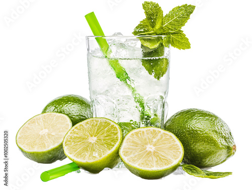 a glass of ice with limes and mint photo