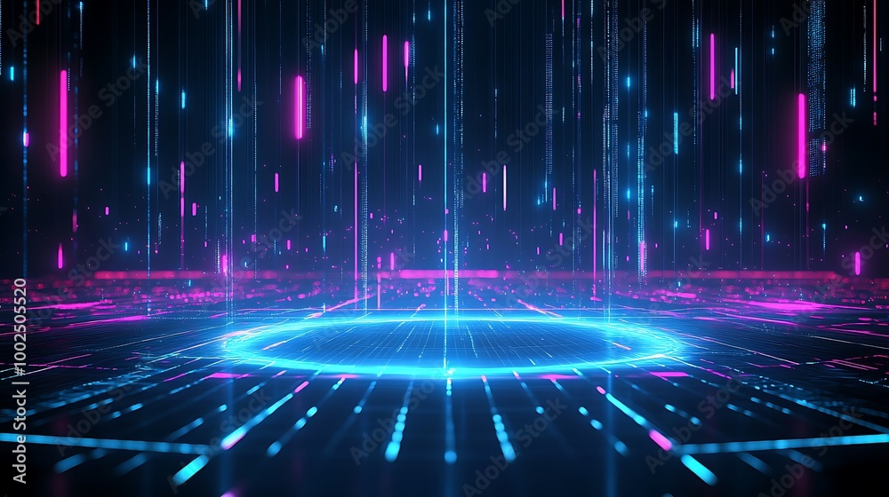 Futuristic digital landscape with neon lights and glowing patterns creating a vibrant tech atmosphere.