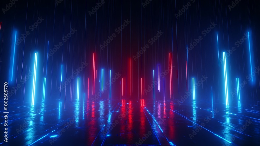 Futuristic digital landscape with neon lights creating a vibrant display. Ideal for tech-inspired designs.