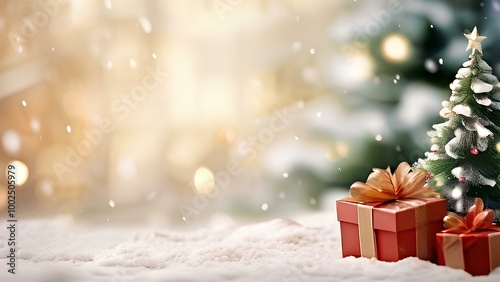 christmas background, with small christmas tree on the side and some gift boxes cartoon, snow falling feel, with blur background