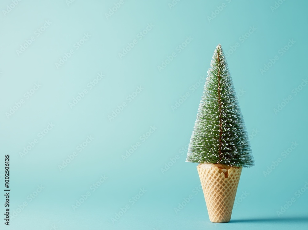 Christmas tree in an ice cream cone, festive decoration on a pastel blue background, whimsical concept blending winter and summer themes, creative holiday imagery Christmas tree in an ice cream cone, festive decoration on a pastel blue background, whimsical concept blending winter and summer themes, creative holiday imagery