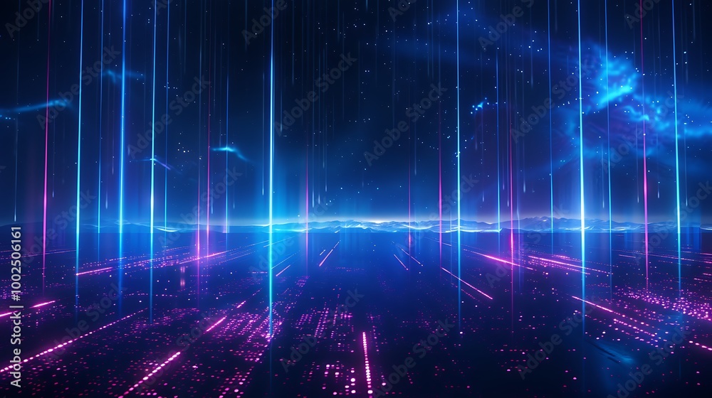 Futuristic digital landscape with vibrant blue and pink light beams creating a stunning visual effect.