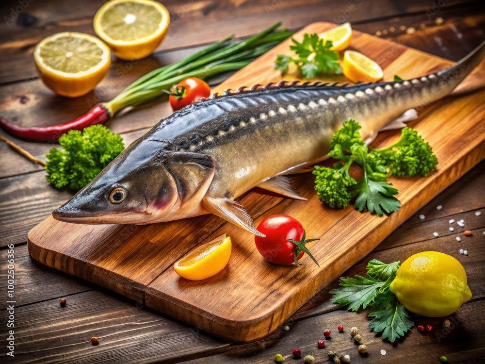 Fresh Sturgeon Meat Cut on Wooden Board Ready for Cooking or Serving in Gourmet Seafood Dishes Fresh Sturgeon Meat Cut on Wooden Board Ready for Cooking or Serving in Gourmet Seafood Dishes