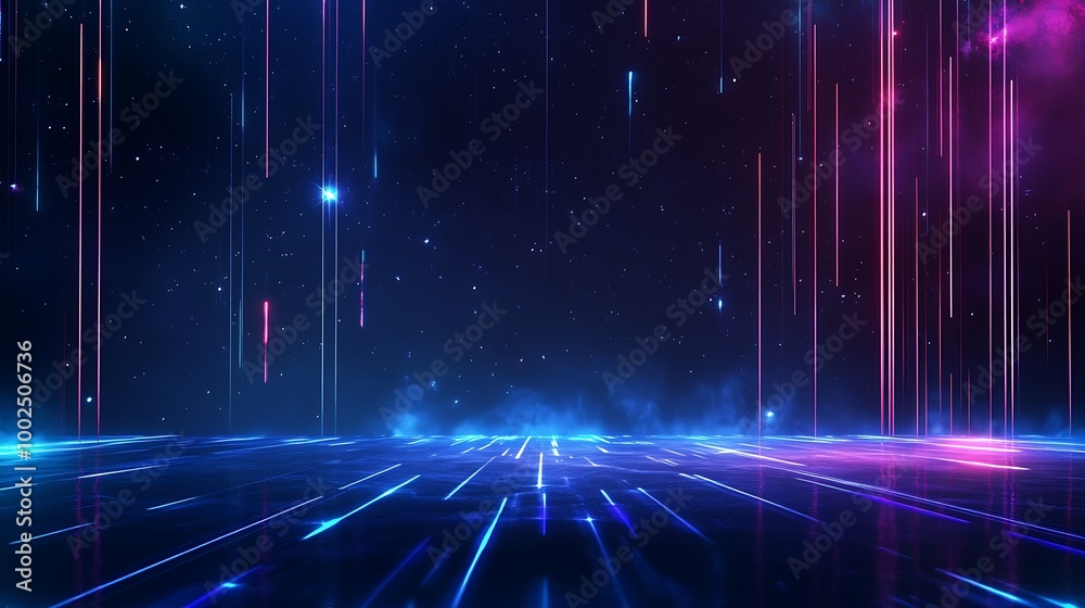 Futuristic digital landscape with vibrant neon lights and abstract patterns in a dark setting. Futuristic digital landscape with vibrant neon lights and abstract patterns in a dark setting.