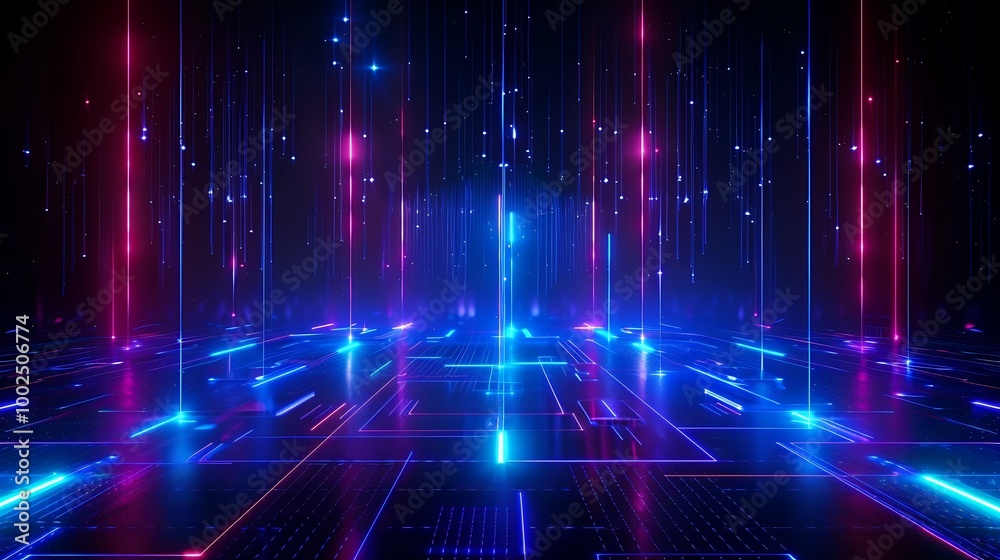 Futuristic digital landscape with vibrant neon lights and data streams creating a high-tech visual experience. Futuristic digital landscape with vibrant neon lights and data streams creating a high-tech visual experience.