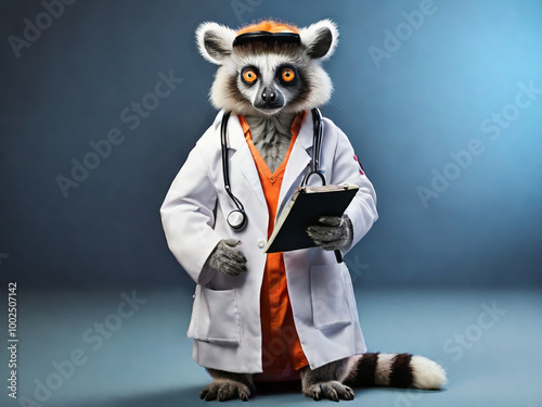 animal lemur wearing a doctor's uniform white coat AI generated