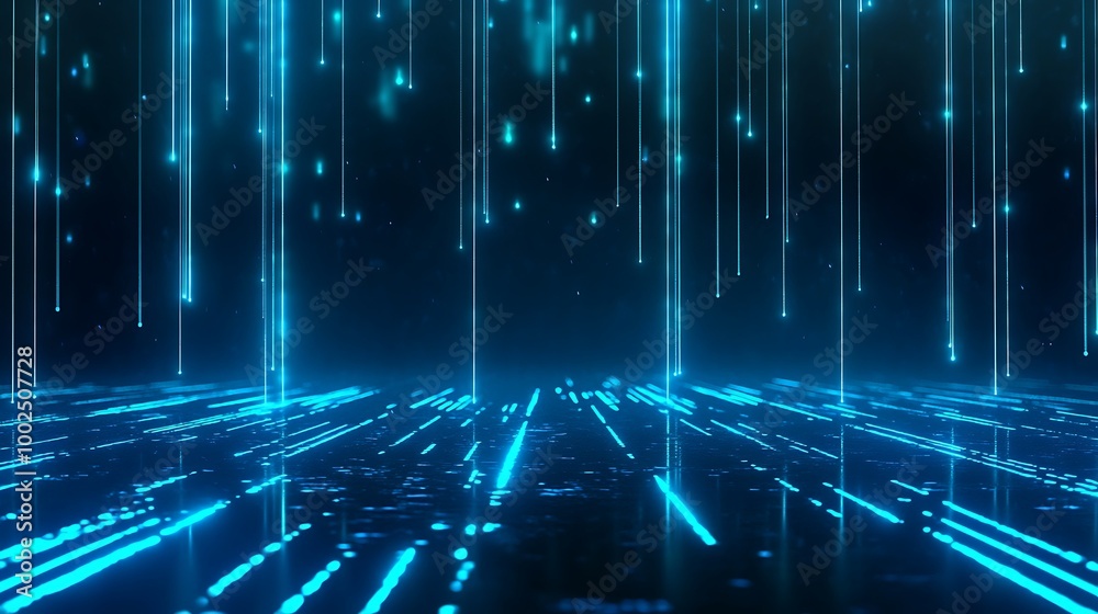 Futuristic digital scene with glowing blue lines and particles on a dark background, representing technology and innovation. Futuristic digital scene with glowing blue lines and particles on a dark background, representing technology and innovation.