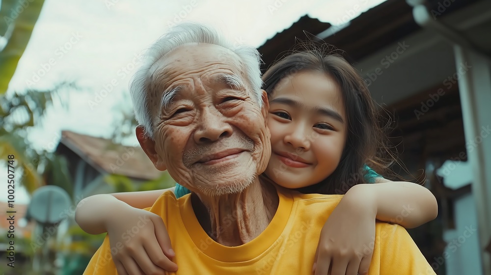 An elderly person with a confident and joyful smile, while their daughter stands beside them, happily hugging their shoulder. The scene should radiate warmth, love, and family connection. An elderly person with a confident and joyful smile, while their daughter stands beside them, happily hugging their shoulder. The scene should radiate warmth, love, and family connection.