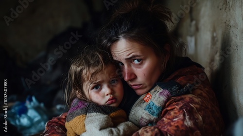 A woman and child (mother and child) sitting in the corner of a room, embracing each other with fearful expressions, symbolizing domestic violence. photo