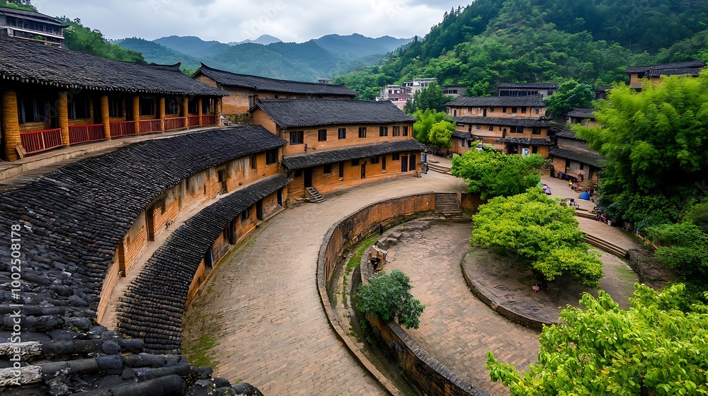 Fototapeta premium Traditional Chinese Village with Curved Street and Green Mountains