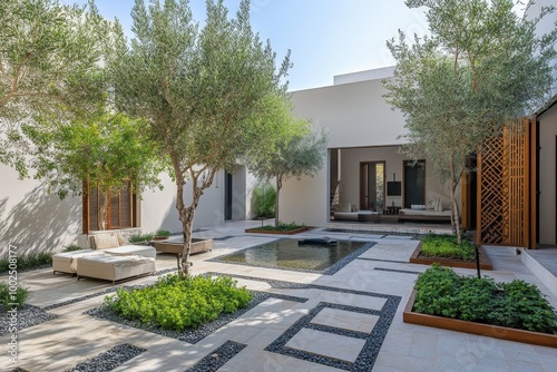 A serene courtyard with greenery, seating, and a tranquil water feature.