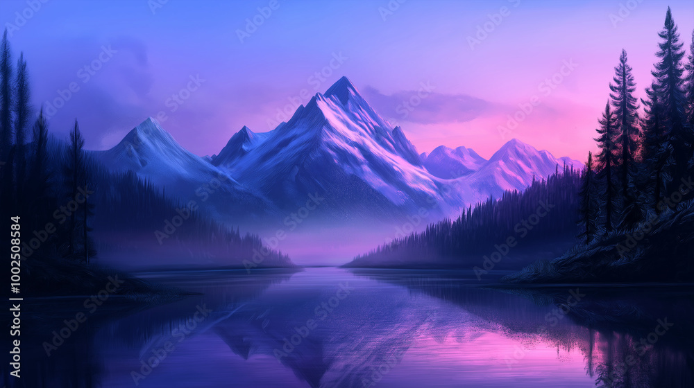 Serene mountain lake at dusk with still water and majestic peaks Serene mountain lake at dusk with still water and majestic peaks