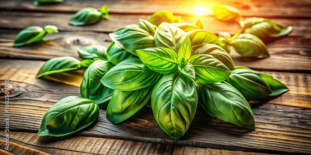 Freshly picked Genovese basil leaves gracefully arranged on a rustic wooden table, bathed in soft natural sunlight, Freshly picked Genovese basil leaves gracefully arranged on a rustic wooden table, bathed in soft natural sunlight,