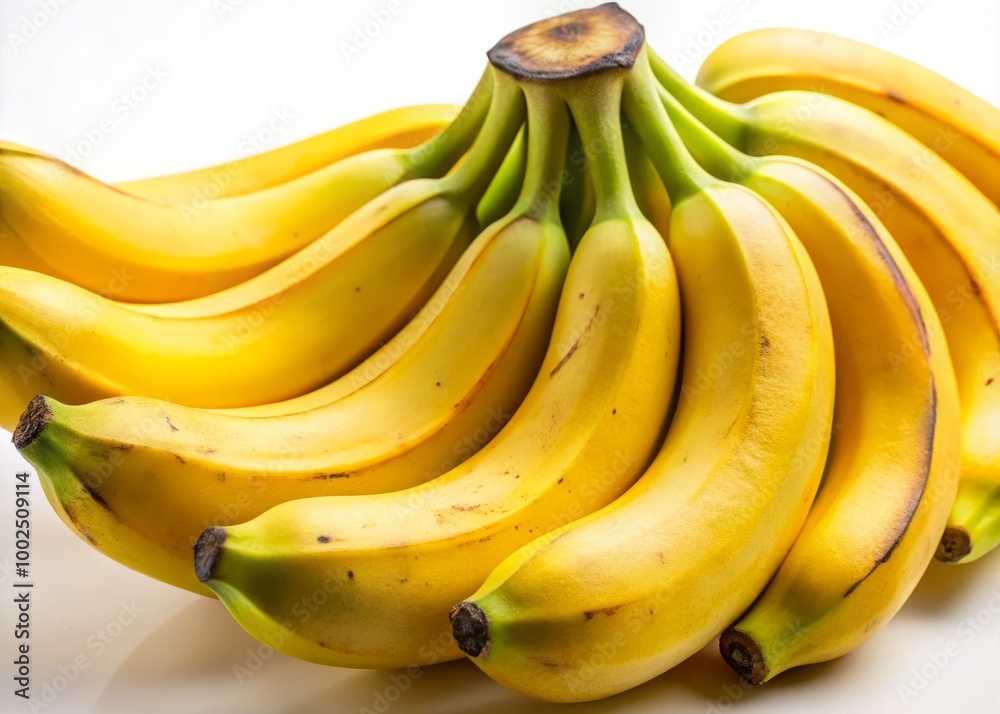 Fresh, ripe bananas are presented against a white background, highlighting their smooth, glossy surface and vibrant Fresh, ripe bananas are presented against a white background, highlighting their smooth, glossy surface and vibrant