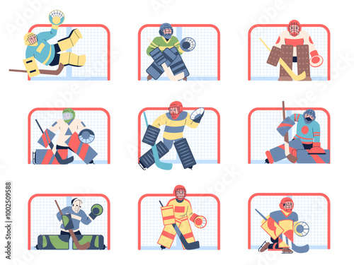 Hockey goalkeepers. Flat sport guards in colorful different gears. Sport characters with hockey sticks and in mask waiting puck, recent vector set
