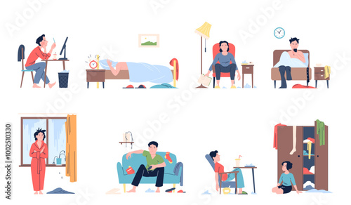 Lazy characters. People sit in bed, sleep in chair, sitting in messy. Tired men and women have depression and apathy. Sedentary lifestyle, recent vector scenes