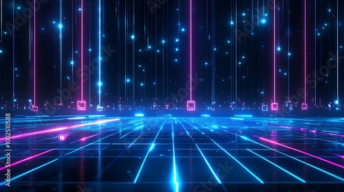 Futuristic neon grid background with vibrant blue and pink light beams and digital elements.