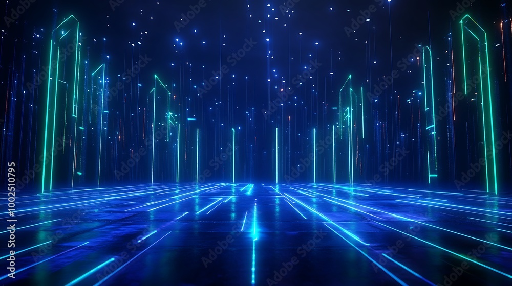 Futuristic neon landscape with glowing columns and a starry sky, creating a vibrant digital environment. Futuristic neon landscape with glowing columns and a starry sky, creating a vibrant digital environment.