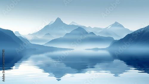 Tranquil blue mountains reflected in serene water under soft morning light