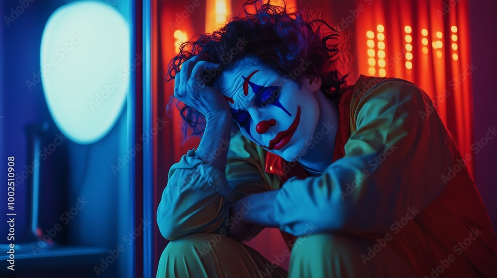 A clown actor sitting and gazing into a mirror with a sad expression, tears streaming down their face. The scene is bathed in dramatic blue and red lighting.