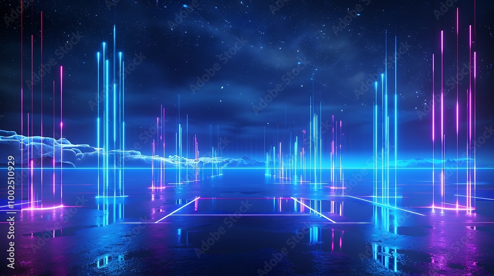 Futuristic neon landscape with glowing lines and reflections under a starry sky. Futuristic neon landscape with glowing lines and reflections under a starry sky.
