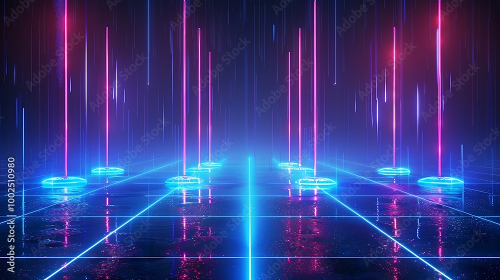 Futuristic neon landscape with glowing lines and vibrant colors, illustrating a digital world. Futuristic neon landscape with glowing lines and vibrant colors, illustrating a digital world.