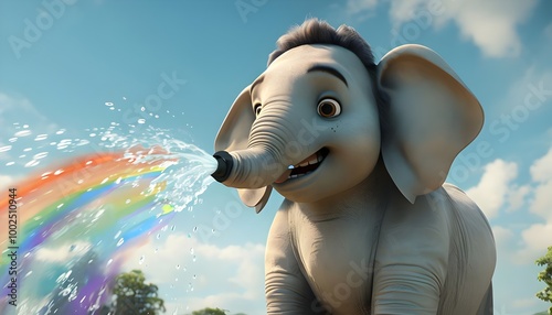 Benny might be using his trunk to spray water, creating rainbow-like splashes. photo