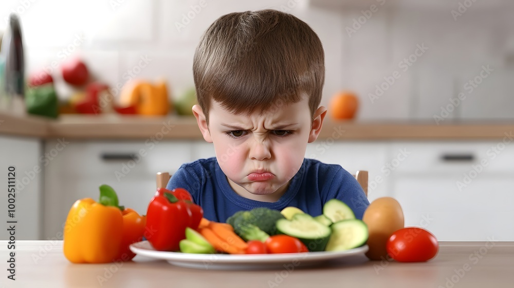 Child sitting at table frowning at plate of food, surrounded by untouched vegetables and fruits, showing reluctance and hesitation, representing the concept of picky eating. Child sitting at table frowning at plate of food, surrounded by untouched vegetables and fruits, showing reluctance and hesitation, representing the concept of picky eating.