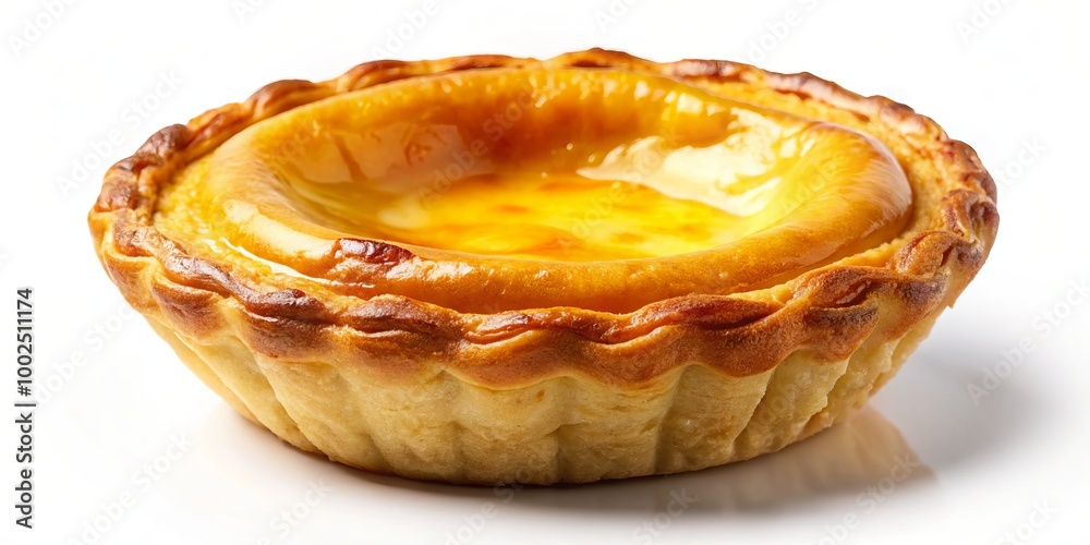 Golden Brown Custard Tart with Flaky Crust on White Background - Traditional Portuguese Dessert Golden Brown Custard Tart with Flaky Crust on White Background - Traditional Portuguese Dessert