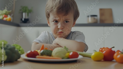 Child sitting at table frowning at plate of food, surrounded by untouched vegetables and fruits, showing reluctance and hesitation, representing the concept of picky eating.