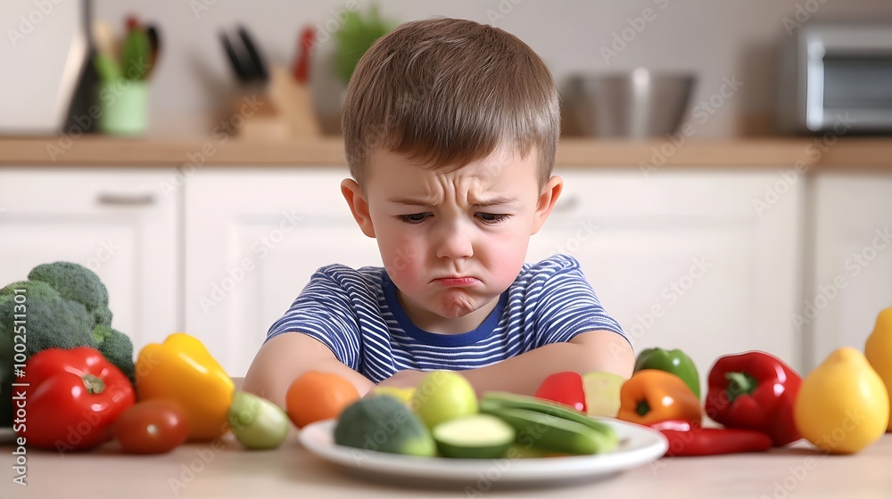 Picky Kids Child sitting at table frowning at plate of food, surrounded by ...