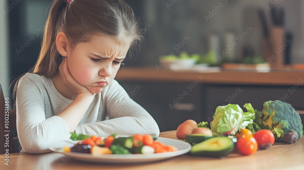 Child sitting at table frowning at plate of food, surrounded by untouched vegetables and fruits, showing reluctance and hesitation, representing the concept of picky eating. Child sitting at table frowning at plate of food, surrounded by untouched vegetables and fruits, showing reluctance and hesitation, representing the concept of picky eating.