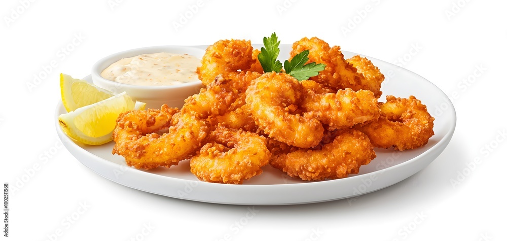 A plate of crispy calamari served with a side of marinara sauce and lemon wedges A plate of crispy calamari served with a side of marinara sauce and lemon wedges
