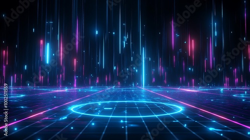 Futuristic neon light background with glowing grids and vibrant colors, ideal for digital and tech themes.